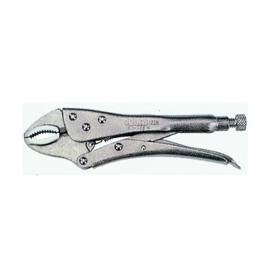 STANLEY 84-369 locking pliers with curved jaw, silver finish, side angle, on white background.