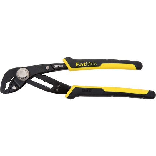 Stanley FatMax adjustable water pump pliers with black and yellow handles, side view on white background