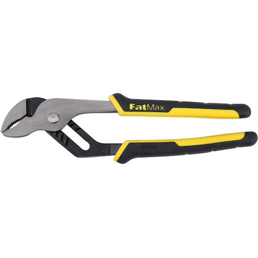 Stanley FatMax adjustable groove joint pliers, side view, black and yellow handles, on white background