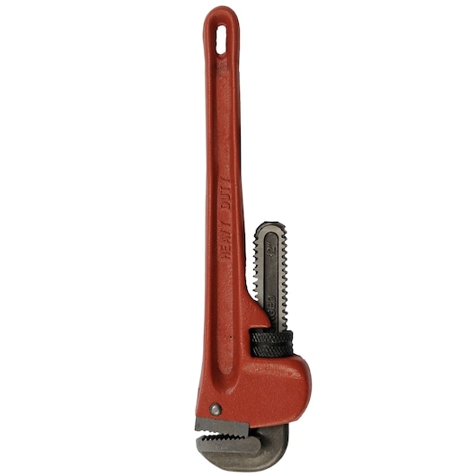 STANLEY 87-623 heavy-duty pipe wrench with red handle, straight jaw, product photo on white background.