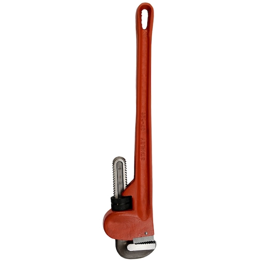 STANLEY 87-626 pipe wrench, red, side angle, steel jaws, tool category photography.