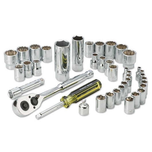 STANLEY 89-506 socket set with ratchet, screwdriver, extension, and multiple chrome sockets, front angle on white.