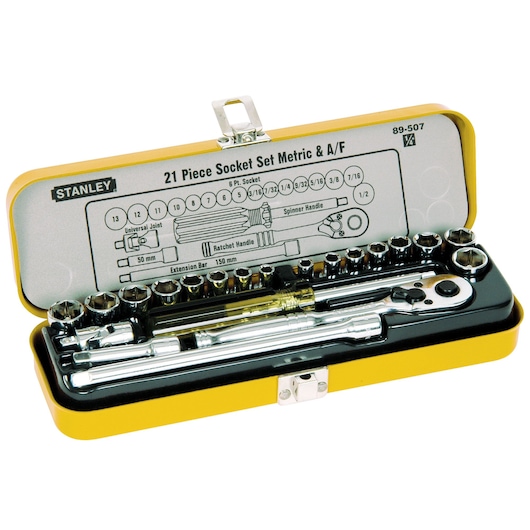 STANLEY 89-507-SU socket set in yellow metal case, includes ratchet handle, sockets, and extension bars, front angle.