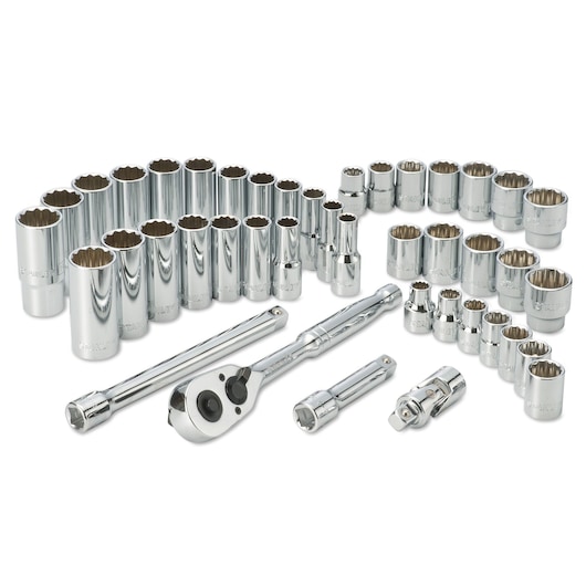 STANLEY 89-508 socket and ratchet set, chrome finish, photographed from above on white background.