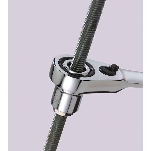 STANLEY 89-811 chrome ratchet wrench on threaded rod, close-up photo, tool category.
