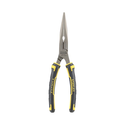 Photo of STANLEY 89-870 long nose pliers with black and yellow handle, front view, on white background.