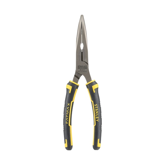 STANLEY 89-872 long nose pliers, black and yellow handle, front view, hand tool photography.
