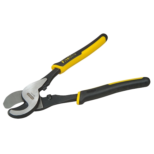 STANLEY 89-874 hand cable cutter with black and yellow handles, side view, on white background.