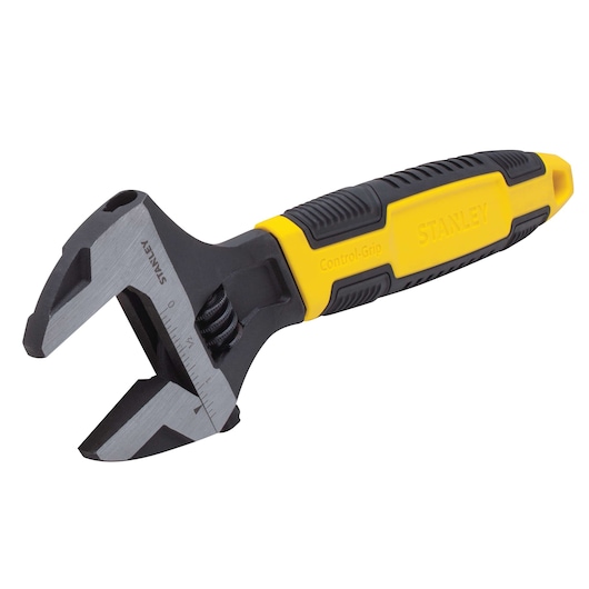Stanley adjustable wrench with black and yellow Control-Grip handle, angled on white background.