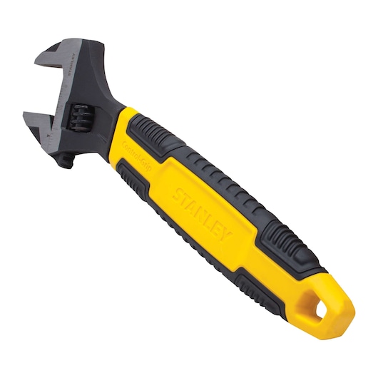 Stanley adjustable wrench with yellow and black Control-Grip handle, angled on white background