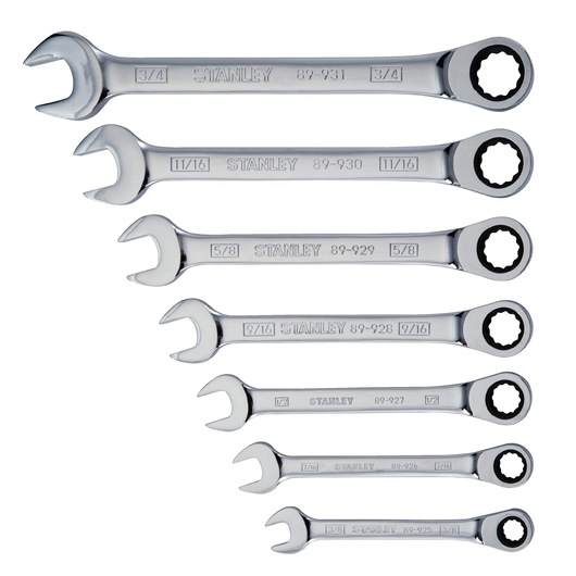 STANLEY 94-542 ratcheting combination wrench set, seven chrome wrenches in various sizes, top-down view on white.