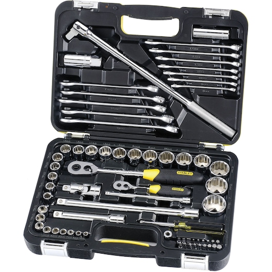 STANLEY 95-938 mechanics tool set with sockets, wrenches, ratchets, and accessories in black hard case, top-down view.