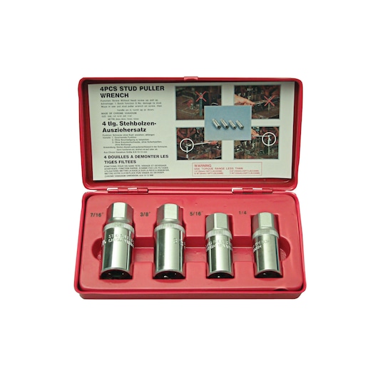 STANLEY 992267 stud puller wrench set, four chrome sockets in red hard case, product photo, top angle.