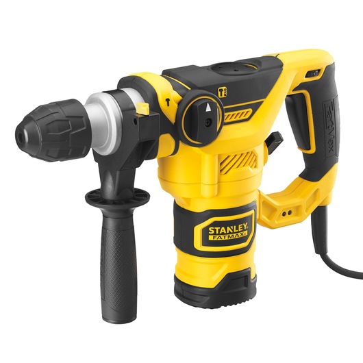STANLEY FME1250KA rotary hammer drill, yellow and black, front angle on white background.