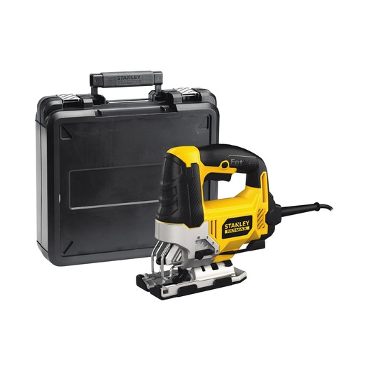 STANLEY FME340K jigsaw with black carry case, side angle on white background.