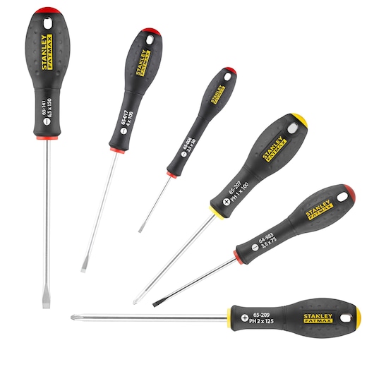 STANLEY FATMAX FMHT0-62627 screwdriver set, six pieces with black ergonomic handles, photographed on white background.