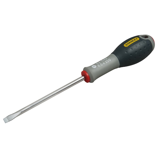 Stanley flathead screwdriver with gray and black handle, red accent, and metal shaft on white background.
