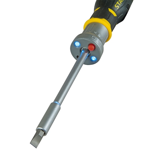 STANLEY FMHT0-62689 screwdriver with LED lights, black and yellow handle, front angle on white background.