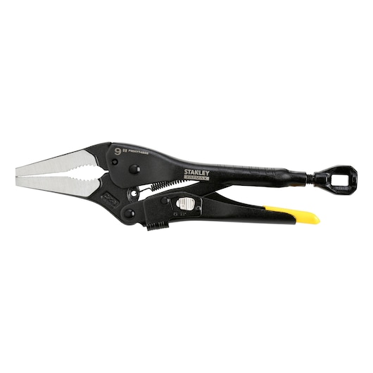 Stanley Fatmax 9 inch locking pliers with a black handle and yellow tip, suitable for gripping or clamping objects.