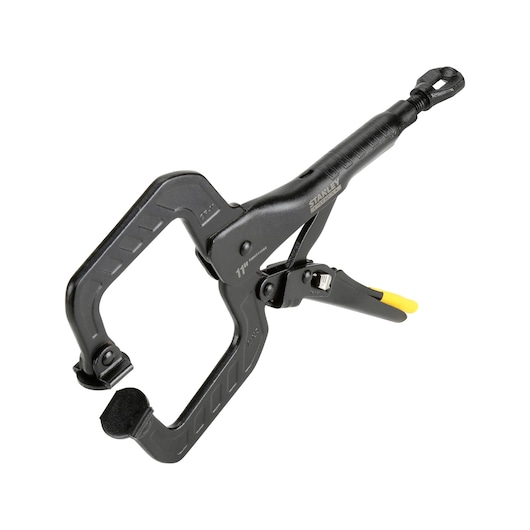 Stanley FMHT0-74892 11-inch clamp tool with trigger handle for holding materials securely.