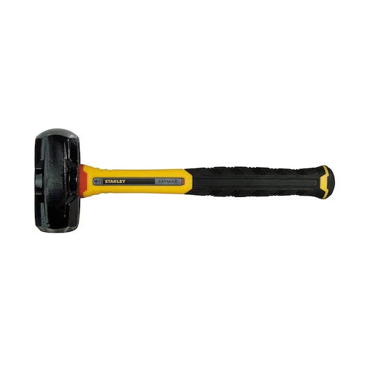 STANLEY FMHT1-56008 sledgehammer with black forged head and yellow and black handle, side view, white background.