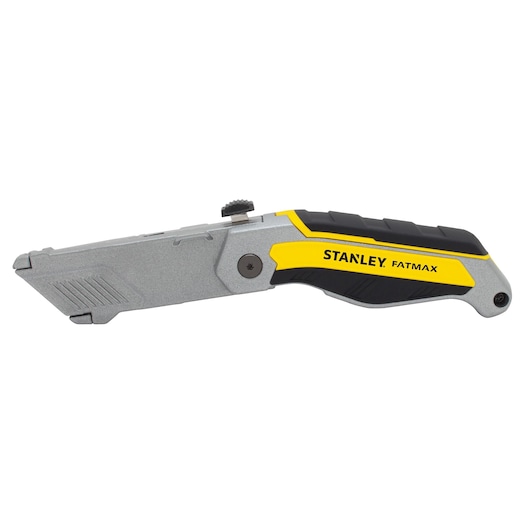 Stanley FATMAX folding utility knife, side view, silver and yellow handle, white background