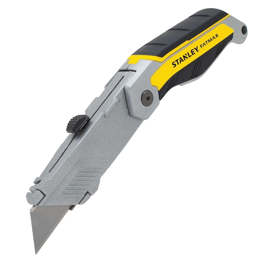 Stanley FATMAX folding utility knife with silver metal body, black and yellow handle, angled on white background