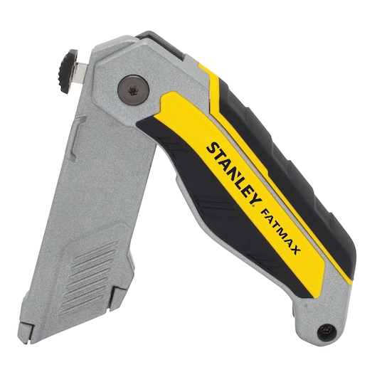 Stanley FATMAX folding utility knife, right side angle, gray and yellow handle, partially open blade.
