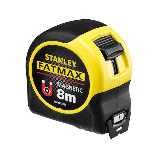 Photo of STANLEY FMHT33869 FATMAX magnetic tape measure 8m, black and yellow, front angled view.