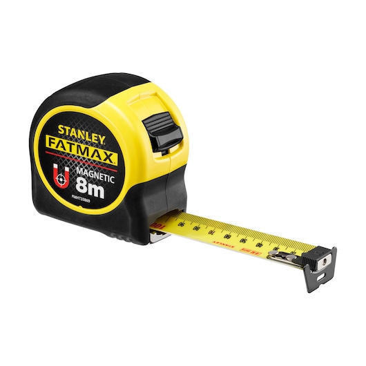 STANLEY FMHT33869 FatMax magnetic tape measure, yellow and black, 8m length, side angle photo.