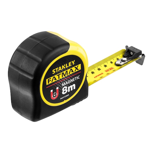 STANLEY FMHT33869 tape measure, FATMAX Magnetic, 8m, yellow and black, side angle, extended tape.