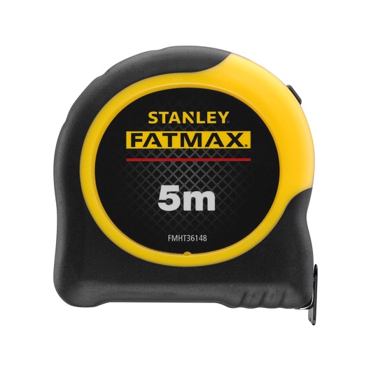 STANLEY FMHT36148-3 tape measure FATMAX 5m, yellow and black, product side angle photo.