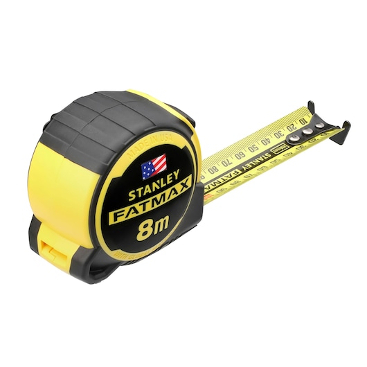 STANLEY FMHT36328 tape measure, 8m, yellow and black casing, extended yellow measuring tape, front angle.
