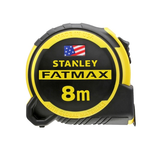 STANLEY FMHT36328 FatMax 8m tape measure, black and yellow, front angle on white background.