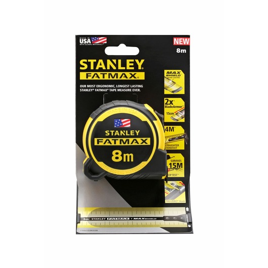 STANLEY FMHT36328 tape measure, 8m, black and yellow, front packaging photo.