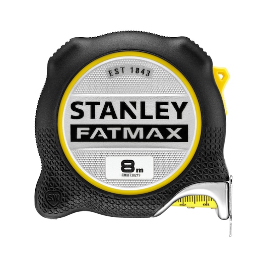 Photo of STANLEY FatMax tape measure, SKU FMHT38219-3, 8m, front view, black and yellow casing.