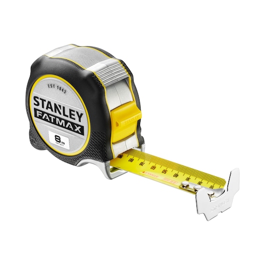 STANLEY FMHT38219-3 tape measure, 8m length, black and yellow, side angle, extended yellow blade.