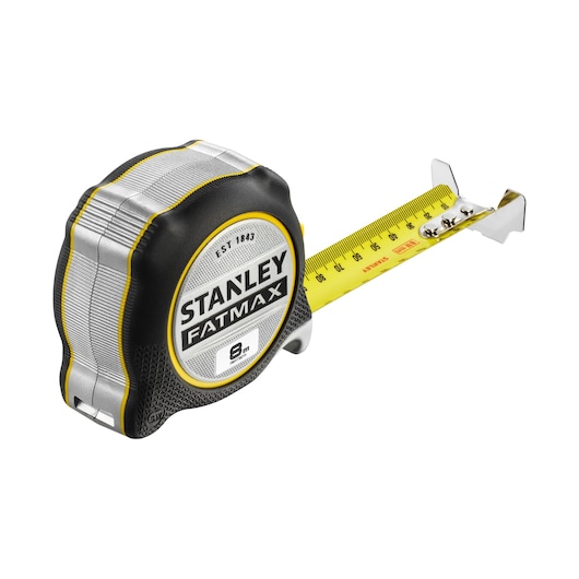 STANLEY FMHT38219-3 tape measure, black and yellow, 8m length, side angle on white background.