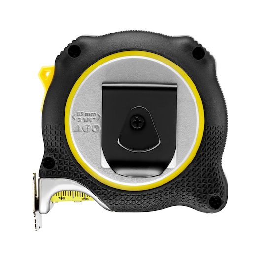 STANLEY FMHT38219-3 tape measure with black rubber grip, belt clip, and silver details, back view, photography.