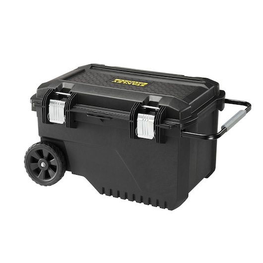 STANLEY FMST1-73601 rolling toolbox with black body, silver latches, wheels, and handle, side angle photo.