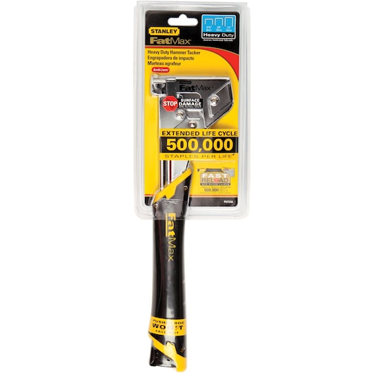 STANLEY FatMax heavy duty hammer tacker PHT250C, black and yellow, in retail packaging, front view.