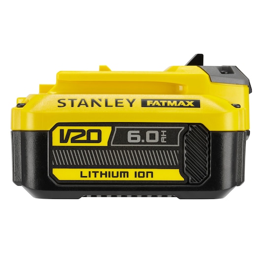Photo of STANLEY FATMAX SFMCB206 V20 6.0Ah lithium ion battery, front angle, yellow and black casing.