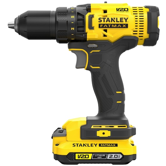 Stanley FATMAX V20 cordless drill with 2.0Ah lithium-ion battery, yellow and black design, side view.