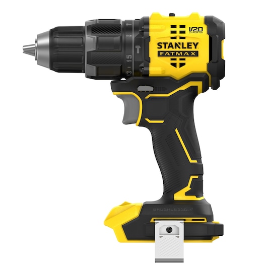 Photo of STANLEY SFMCD716B-XJ cordless drill driver, yellow and black, side view, with visible branding and details.