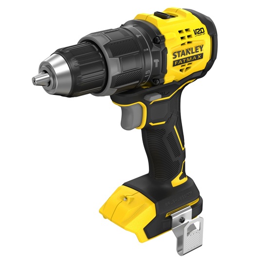 STANLEY SFMCD716B-XJ cordless drill, yellow and black, angled view on white background.