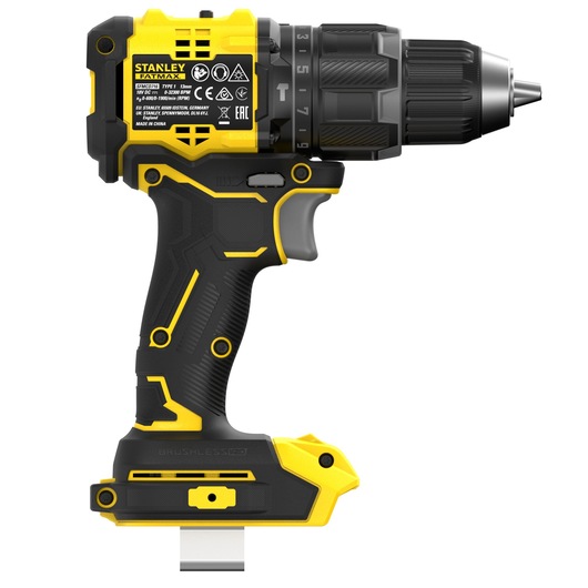 STANLEY SFMCD716B-XJ cordless drill side view with black and yellow body, visible labels, and ergonomic handle.