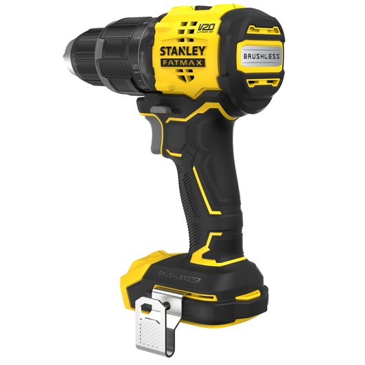 Photo of STANLEY SFMCD716B-XJ cordless brushless drill, yellow and black, side angle, with metal belt clip.