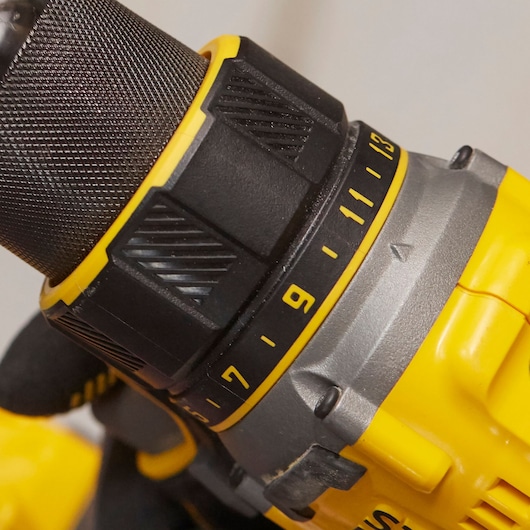 Close-up photo of STANLEY SFMCD720B drill with yellow and black detailing and adjustable torque settings.