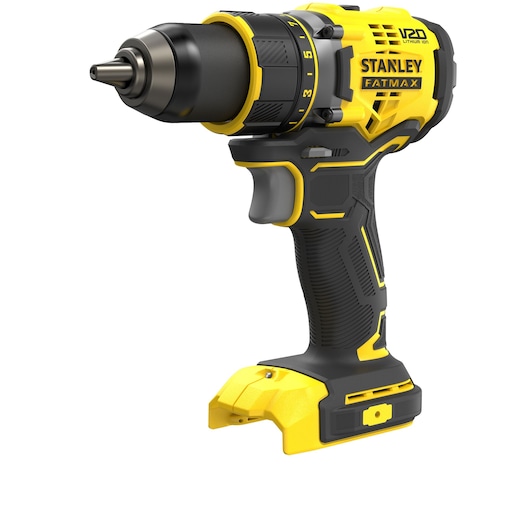 Photo of STANLEY SFMCD720DR2 cordless drill driver, yellow and black, angled view on white background.