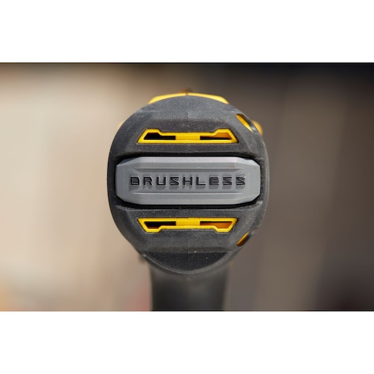STANLEY SFMCD720DR2 brushless drill handle close-up, black and yellow accents, front angle.